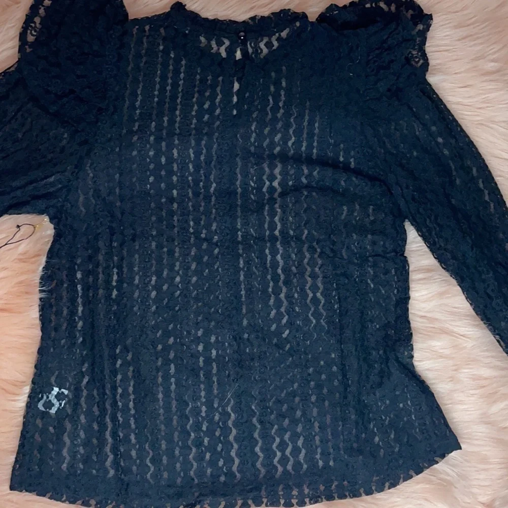 New Trendy Brick Color Sheer Crochet Mock Neck Long Sleeve Blouse